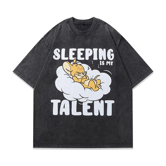 Streetwear T Shirts Vintage Cotton Washed Loose Trendy Famous Mouse Print Tee Short Sleeve Casual O Neck Summer