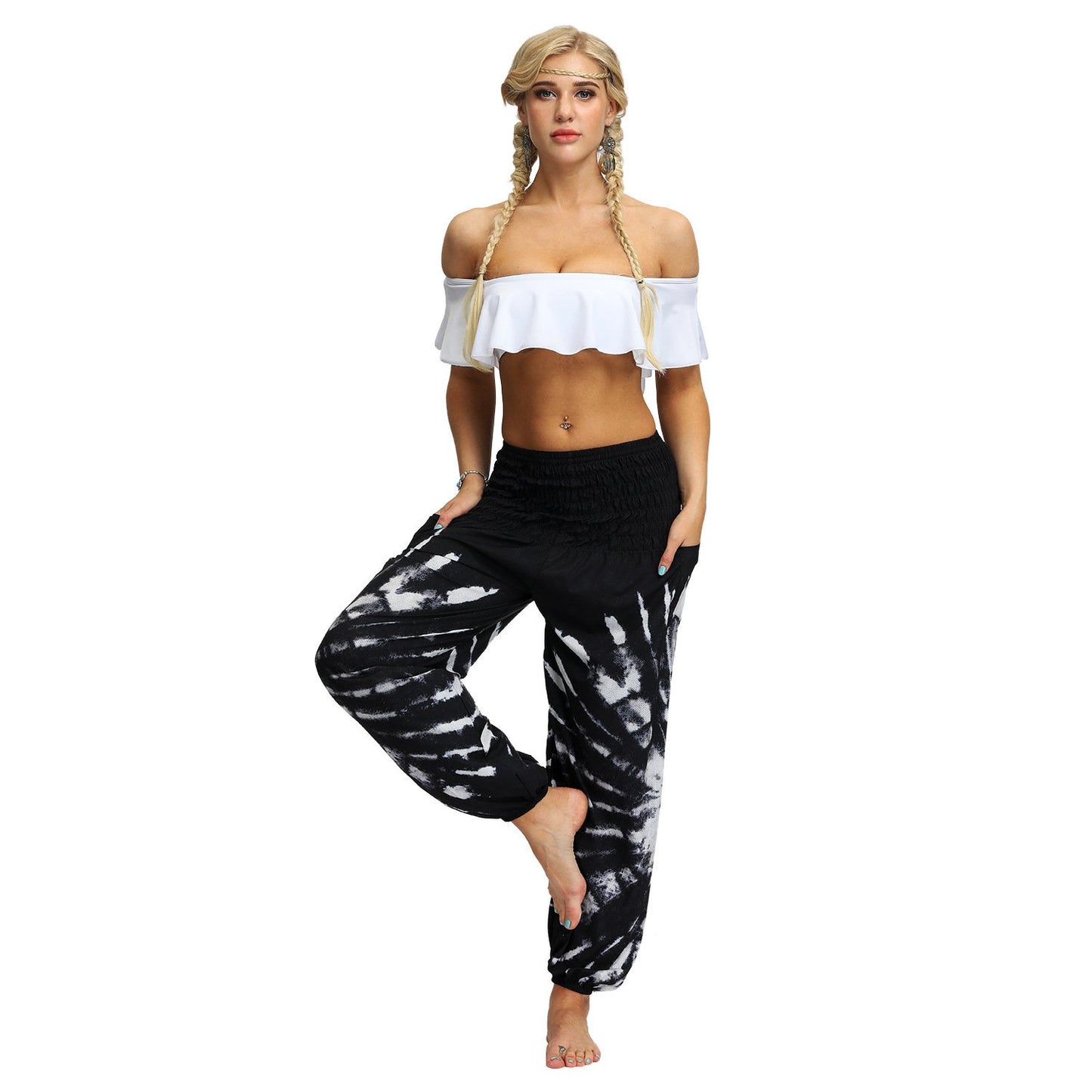 Source Manufacturers Tie-dye Women's Loose Plus Size Yoga Pants European And American Fashion Belly Dance Bloomers Fitness Dance Pants