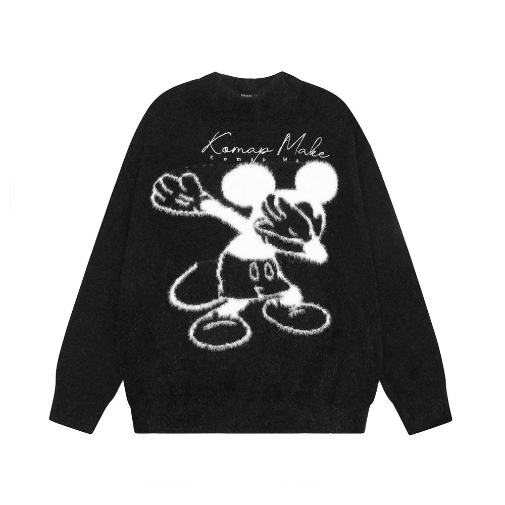 Mickey Cartoon Mickey Mouse Fleece-lined Crewneck Sweater Men's Autumn And Winter Loose Casual Lazy Pullover Sweater Street Trendy