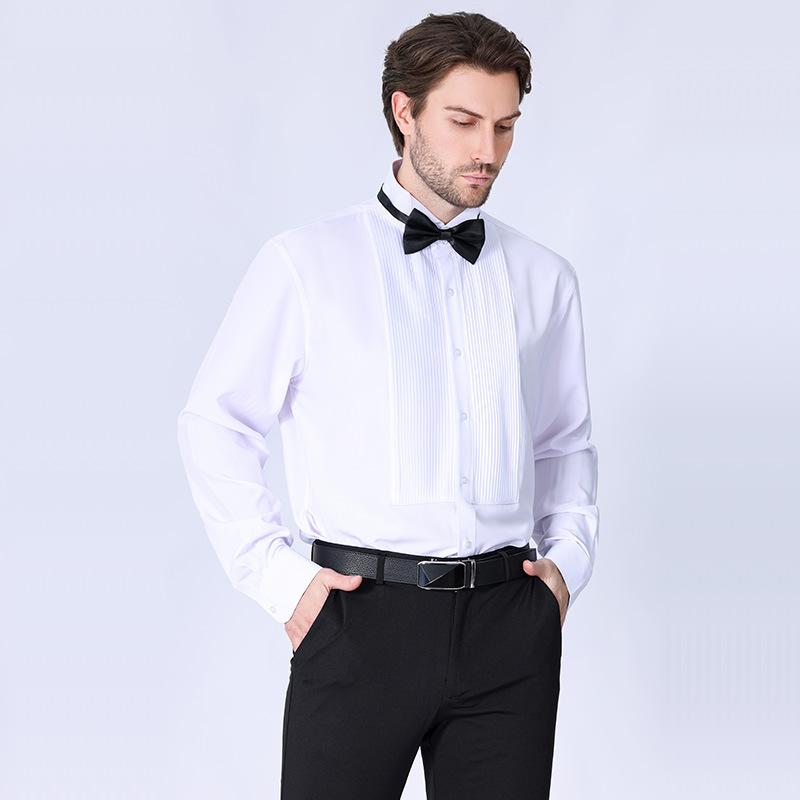 New Men's Dress French-style Inch Clothes Send Bow Tie Men's Long Solid Color Shirt Swallow Collar Dress Best Man Plus Size Shirt