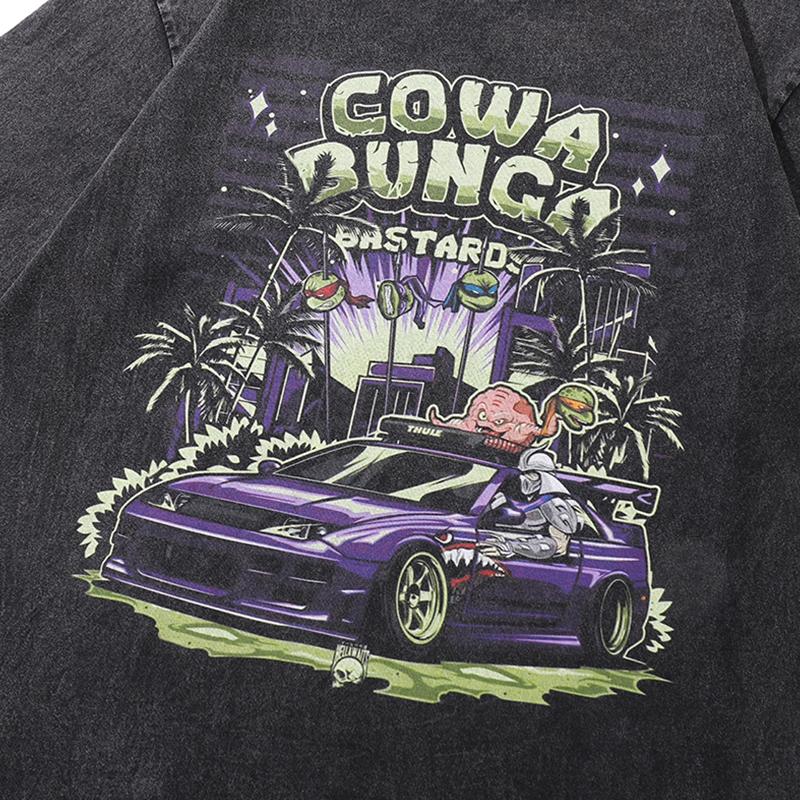 Vintage T Shirts Cotton Washed Loose Trendy Anime Car Print Tee Streetwear Round Neck Summer Short Sleeve Casual