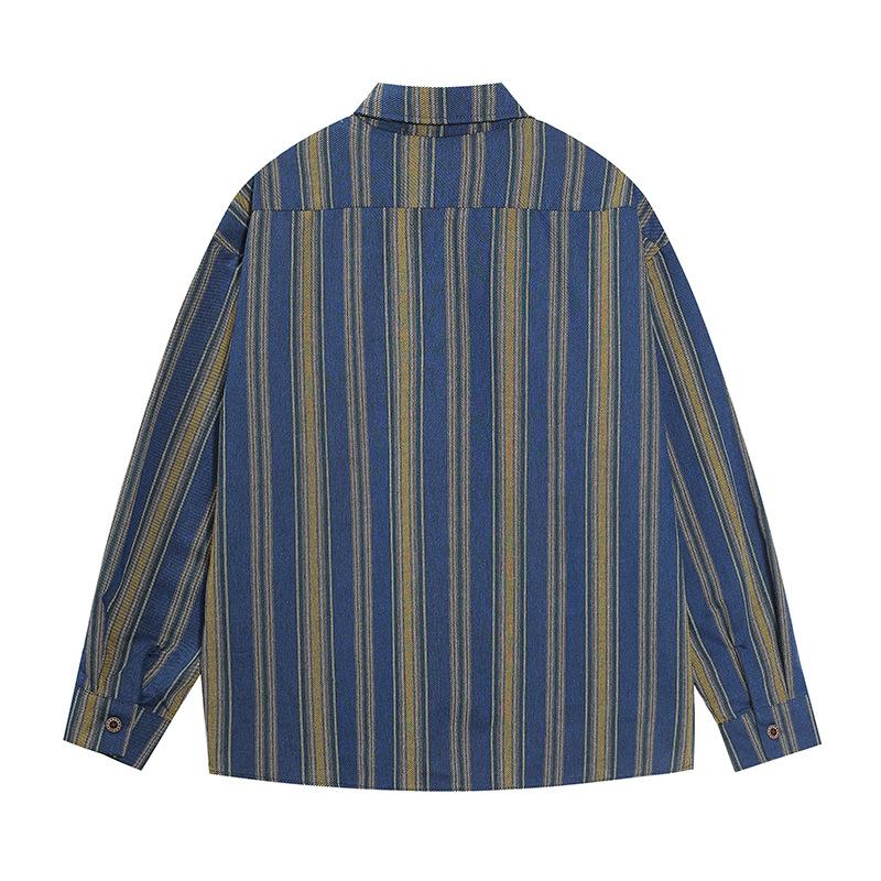 American Style Vintage Vintage Figure Embroidered Tie Vertical Stripe Long Sleeve Shirt Men's Trendy Brand Shirt