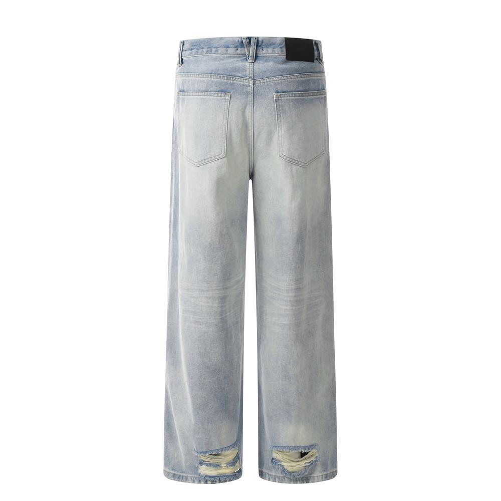 Punk Gradient Wash White Denim Straight Trousers High Street Men's Fashion Ripped Holes Old Wear Loose Wide Leg Pants