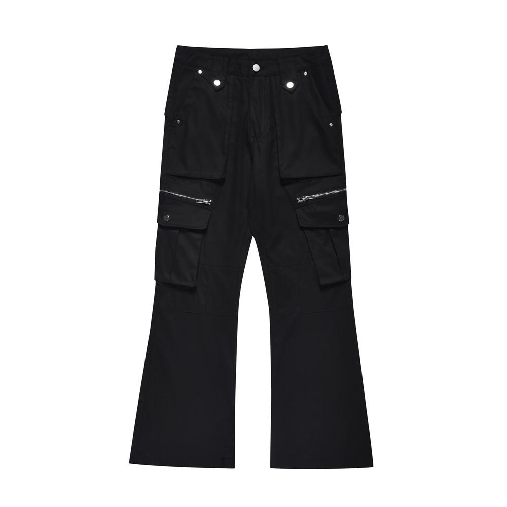 Multi-Pocket Micro-Lar Casual Trousers Men's Trendy Hippie Design Pocket Zipper Workwear Wide-Leg Flared Pants