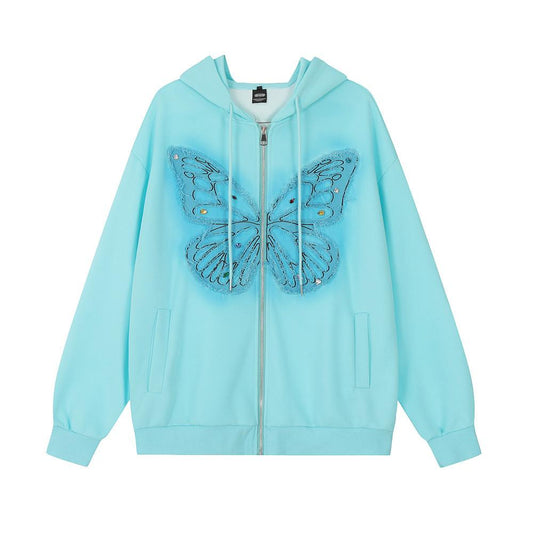 Street-blowing Trendy Butterfly Hot Drilling Patch Embroidered Loose Sweatshirt Men's And Women's Design Sense Casual Zipper Hooded Jacket