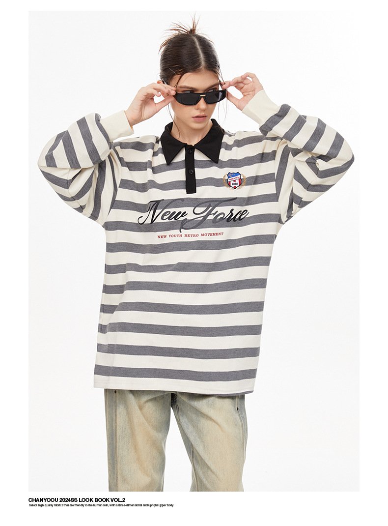 American Style Retro College Style Striped Long-sleeved T-shirt Autumn Fashion Brand Loose Casual POLO Shirt Top