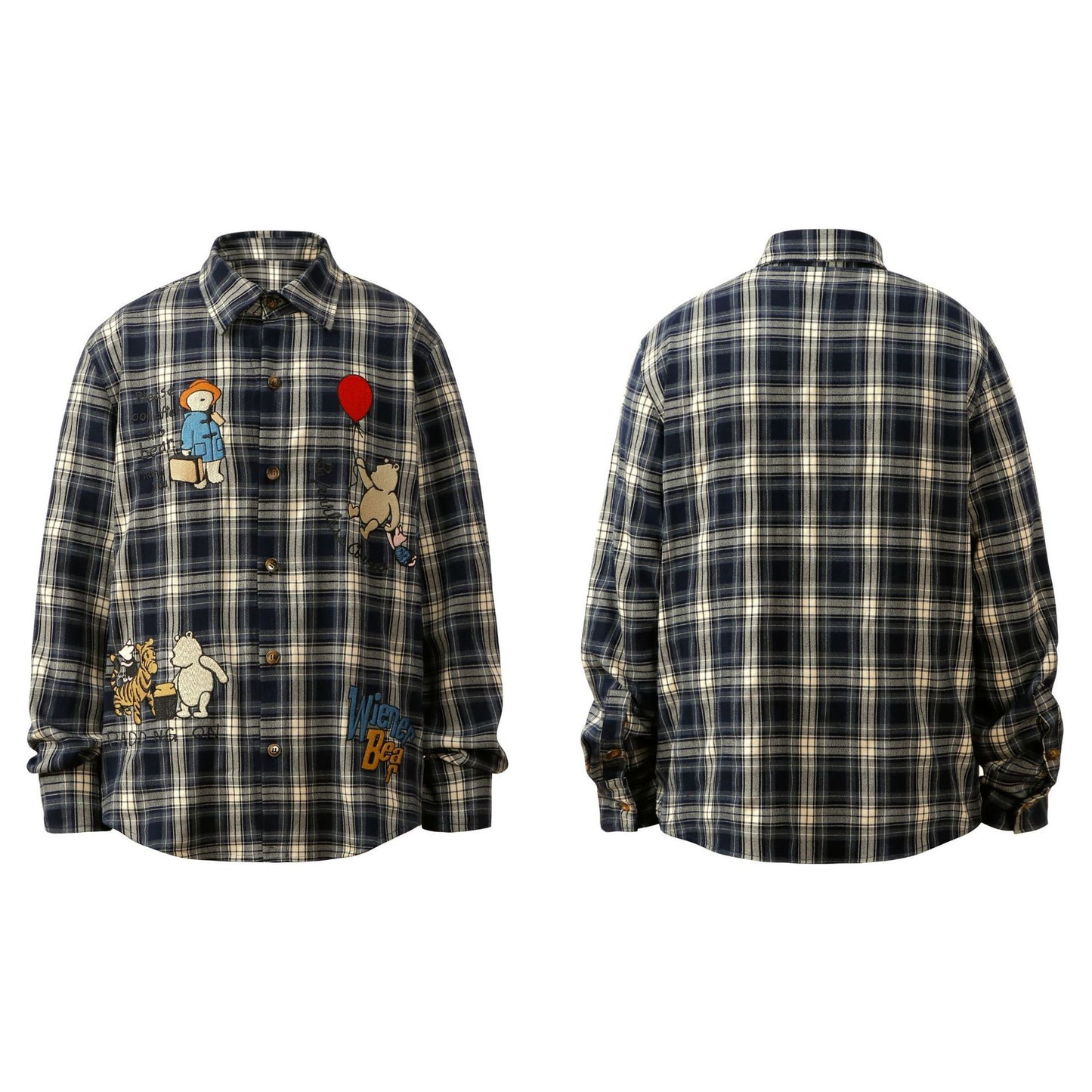 American Style Retro Street Brand Cartoon Embroidered Plaid Shirt For Men And Women Couple Loose All-match Shirt