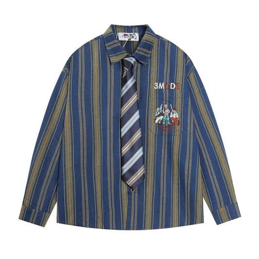 American Style Vintage Vintage Figure Embroidered Tie Vertical Stripe Long Sleeve Shirt Men's Trendy Brand Shirt