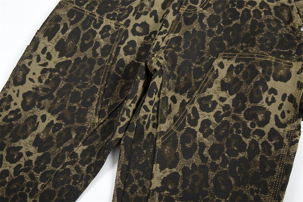 Leopard-print Micro-logwood Pants Men's European And American-style Fashion Design Sense Stitching Split Loose Wide-leg Work Denim Pants