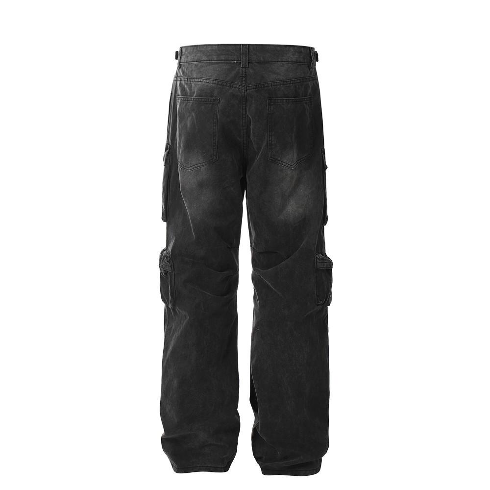 Multi-pocket Crane Pants Men's Spray-painted Old Functional Tactical Pants American High Street Design Sense Straight Denim Pants