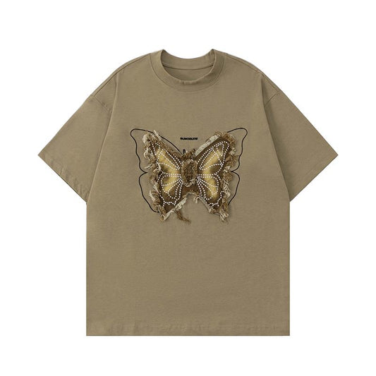 Streetwear T Shirts Oversize Butterfly Embroidery Loose Short Sleeve Cotton Tee Casual O Neck Summer Simple Design