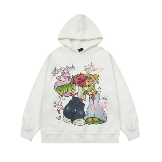 American Style Vintage Washed Old Cartoon Printed Hooded Sweatshirt Men's And Women's Loose Couple Top