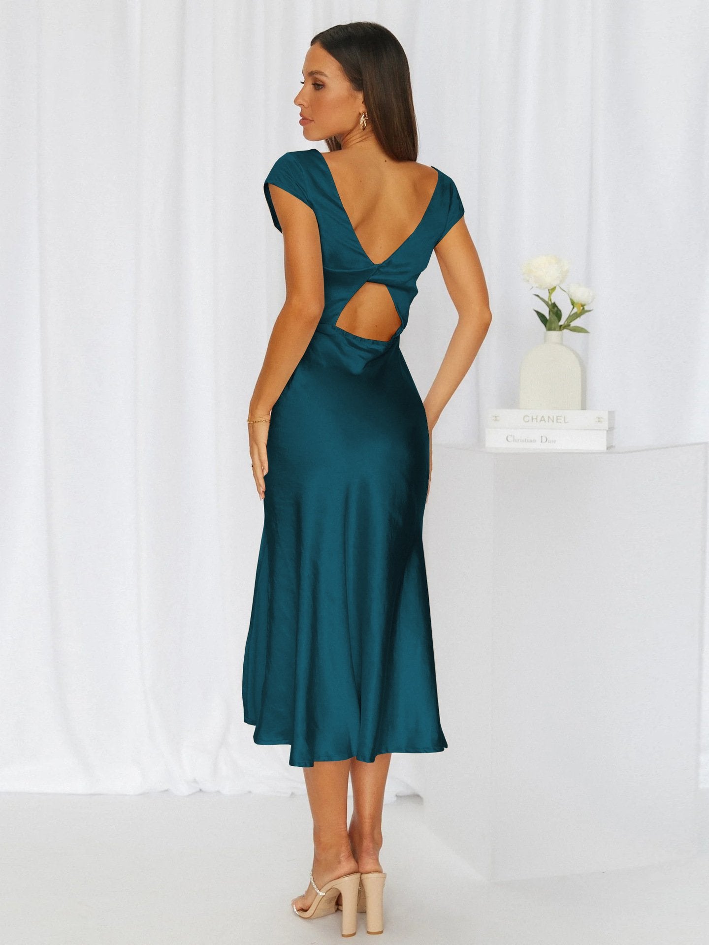 Cross-border European And American Summer Explosions Backless Evening Dress Celebrity Wedding Bridesmaid Dress Satin Split Dress High Waist Women