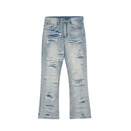 Heavy Industry Ripped Micro Horn Washed Jeans Men's European And American Fashion Brand Loose Wide Leg Pants High Street Casual Pants