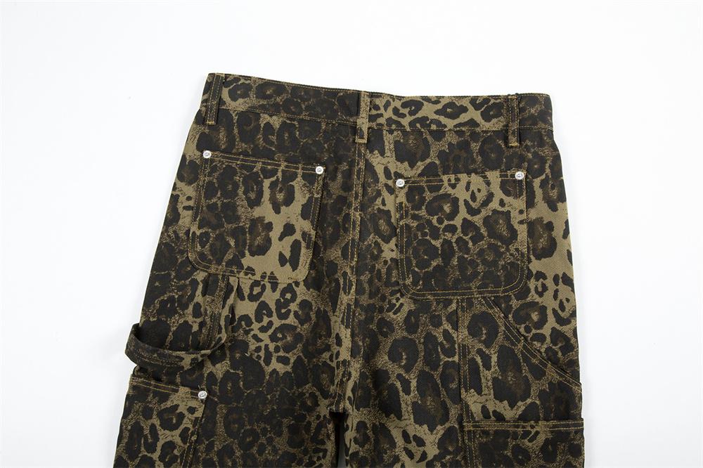 Leopard-print Micro-logwood Pants Men's European And American-style Fashion Design Sense Stitching Split Loose Wide-leg Work Denim Pants