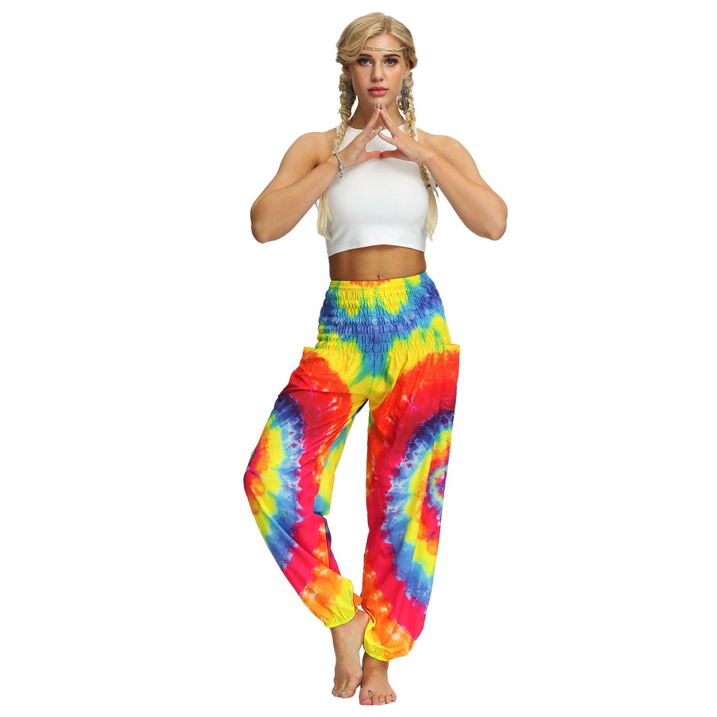 Source Manufacturers Tie-dye Women's Loose Plus Size Yoga Pants European And American Fashion Belly Dance Bloomers Fitness Dance Pants