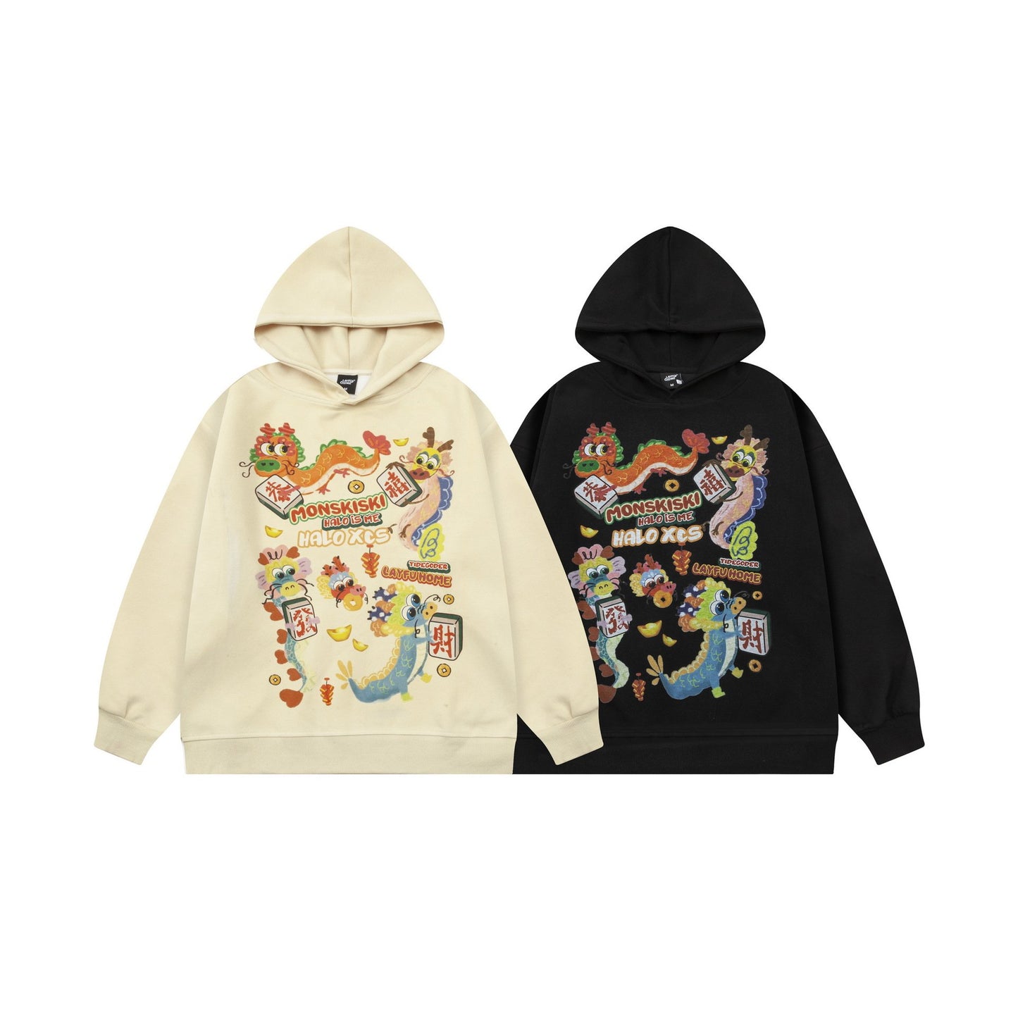 American Retro Hooded Sweater 2024 New Cartoon Year Of The Dragon Printed Hoodie Loose Sweater