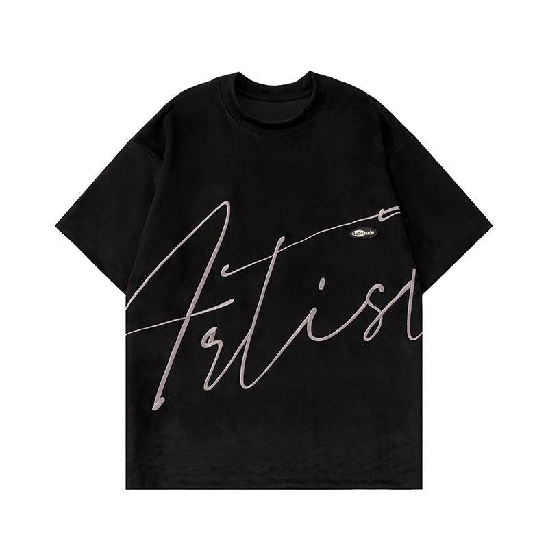 Streetwear Letter Embroidery T Shirt Loose Tees Top Suede Short Sleeve Hip Hop Fashion Summer Casual