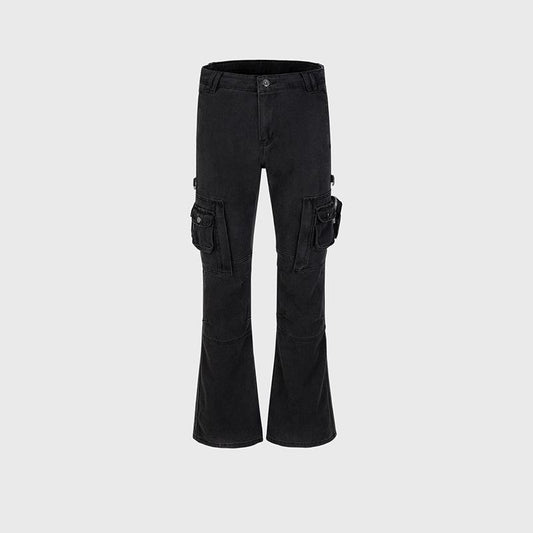 Men's Women's Autumn And Winter Urban Black Multi-Pocket Wide-Leg Trousers Unisex High Street Casual Jeans