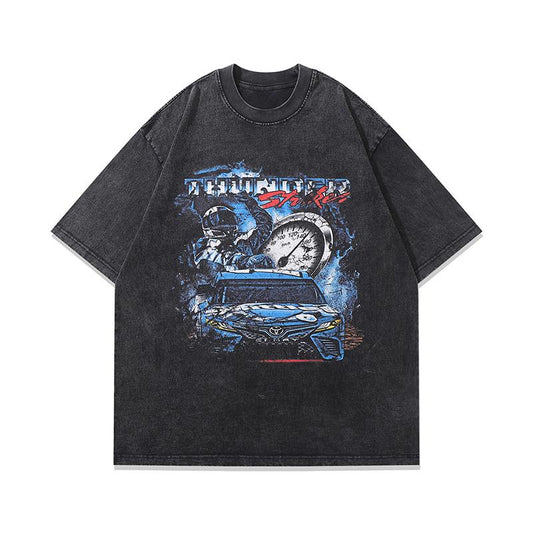 Vintage T Shirts Washed Loose Cotton Fashion Car Print Tee Casual Streetwear Short Sleeve Round Neck Summer