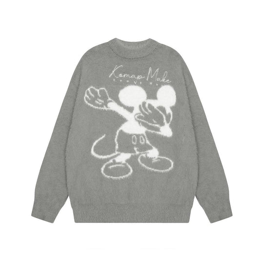 Mickey Cartoon Mickey Mouse Fleece-lined Crewneck Sweater Men's Autumn And Winter Loose Casual Lazy Pullover Sweater Street Trendy