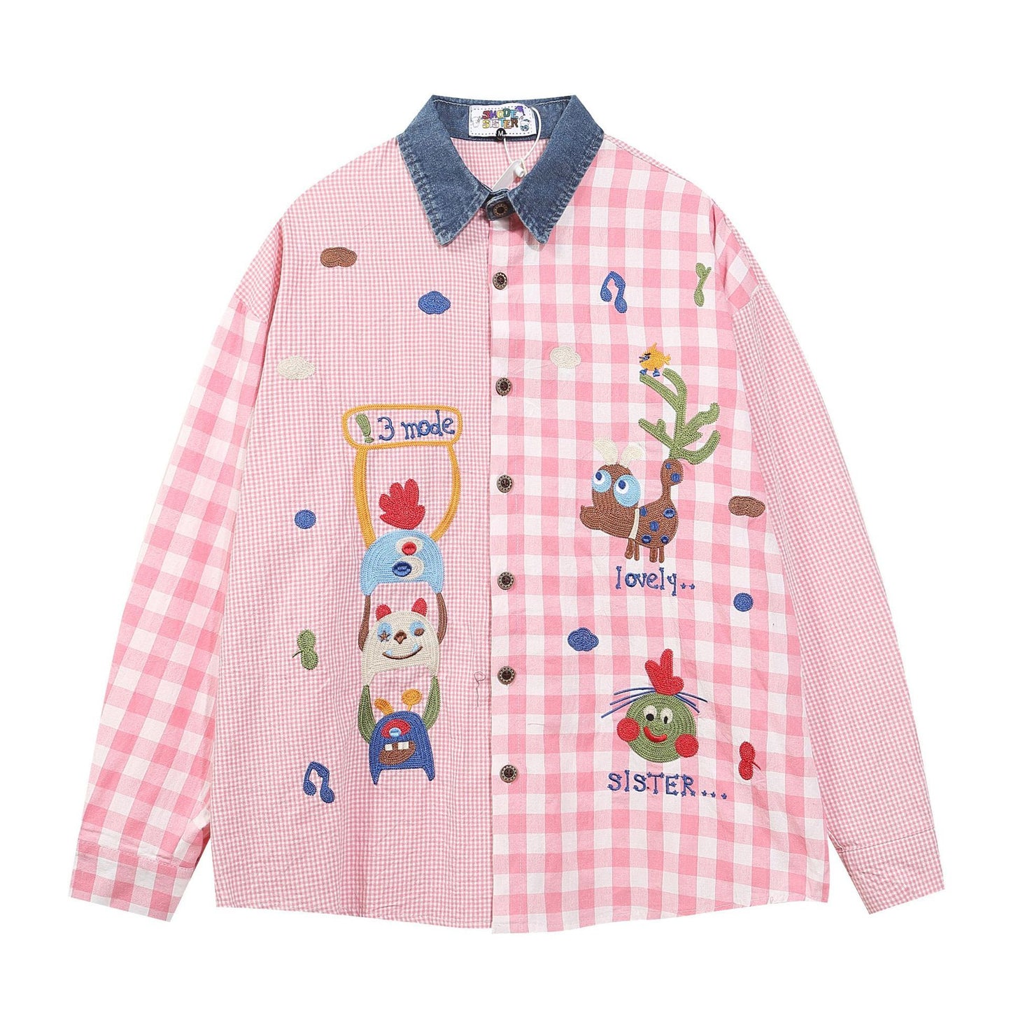 Fun Cartoon Embroidered Plaid Long-Sleeved Loose Shirt Lapel Asymmetrical Stitching Plaid Shirt Trendy