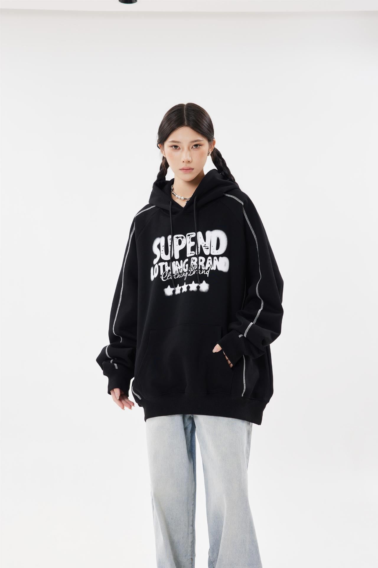 W2659-shoulder Joker Personality Trend Printing Long Sleeve Hooded Sweater