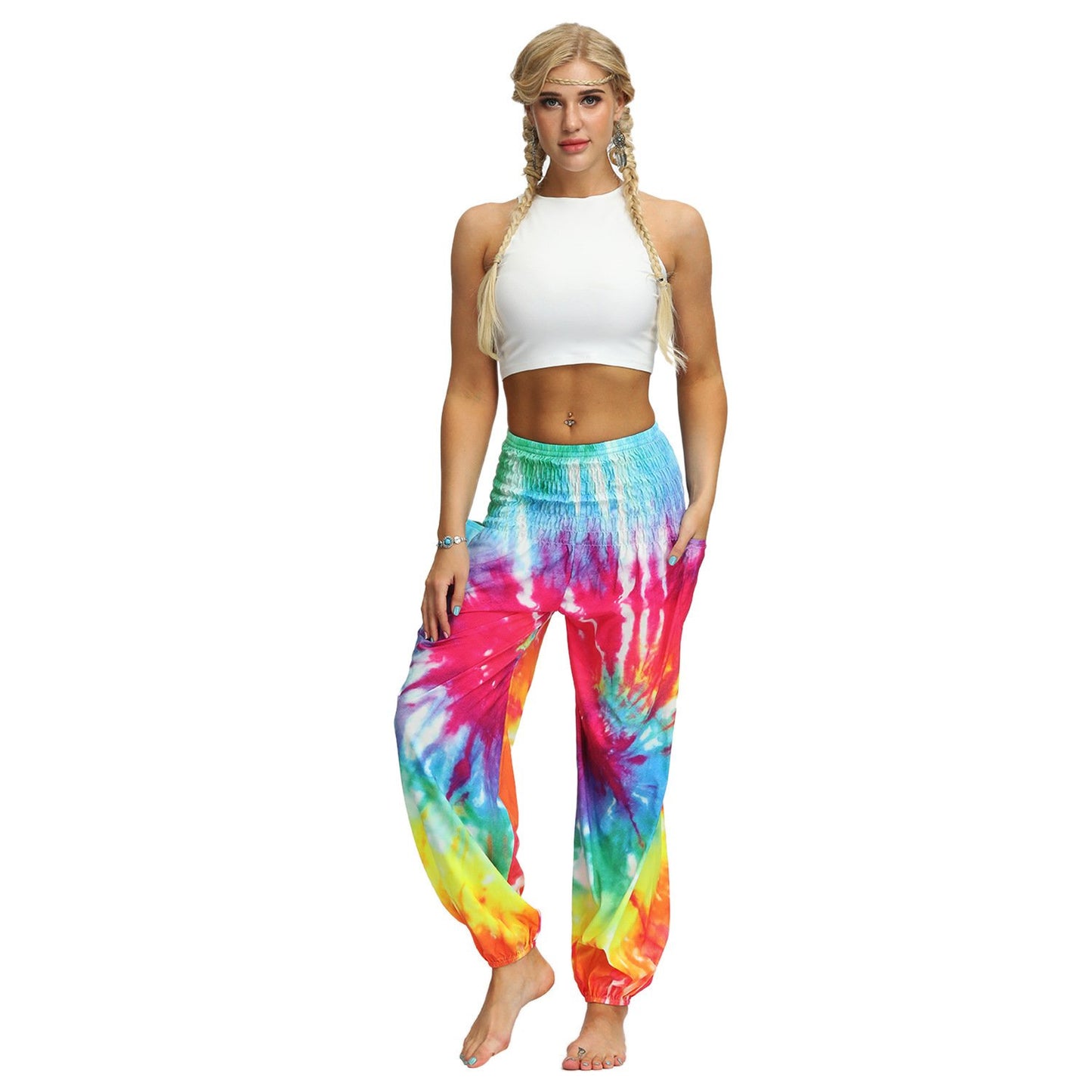 Source Manufacturers Tie-dye Women's Loose Plus Size Yoga Pants European And American Fashion Belly Dance Bloomers Fitness Dance Pants