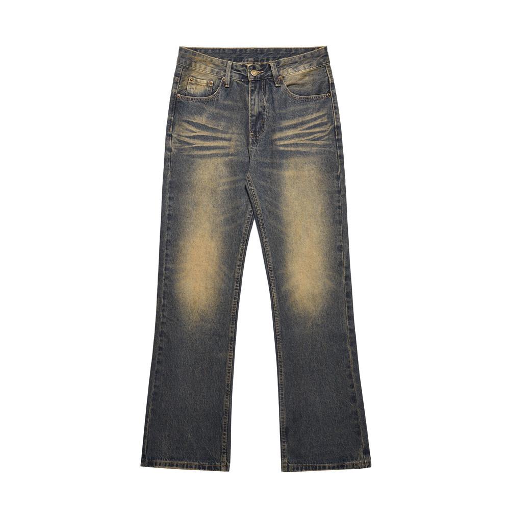 Wash Yellow Indented Wide Leg Jeans Men's High Street All-match Loose Niche Straight Long Pants