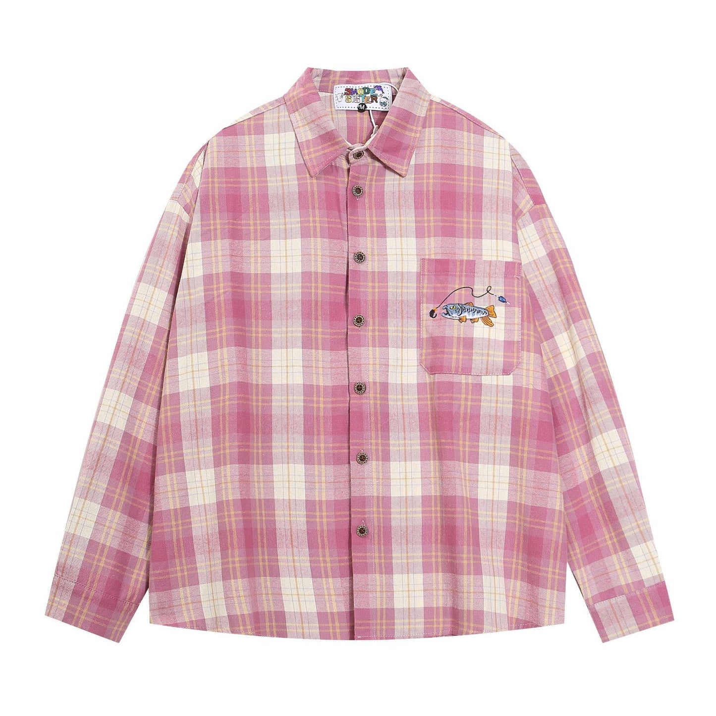 American Retro Design Embroidered Plaid Long Sleeve Shirt Top Loose All-match Couple's Jacket