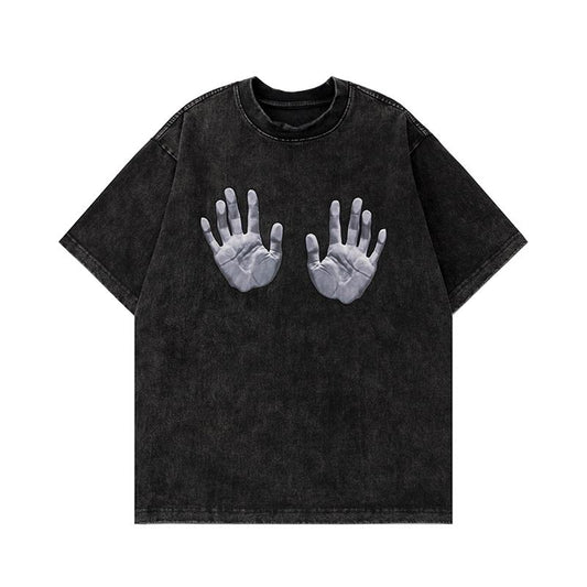 Streetwear Hand Graphic T Shirt Washed Loose Tees Top Short Sleeve Black Hip Hop Fashion Summer Casual