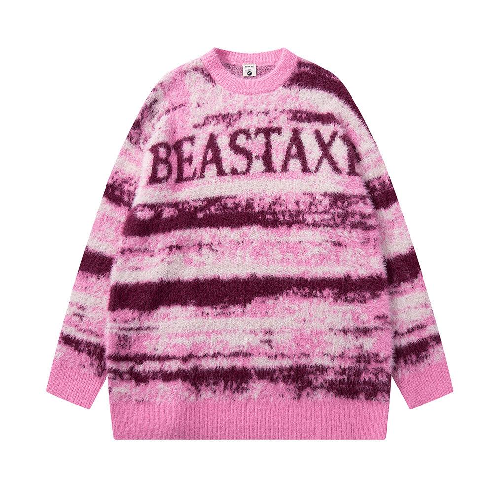 Striped Tie-Dye Letter Fleece-lined Sweater Men's Retro Loose Casual Lazy Autumn And Winter Imitation Mink Sweater Pullover