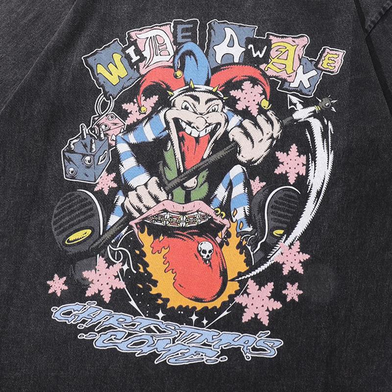 Streetwear T Shirts Vintage Cotton Washed Loose Trendy Circus Clowns Print Tee Short Sleeve Casual O Neck Summer