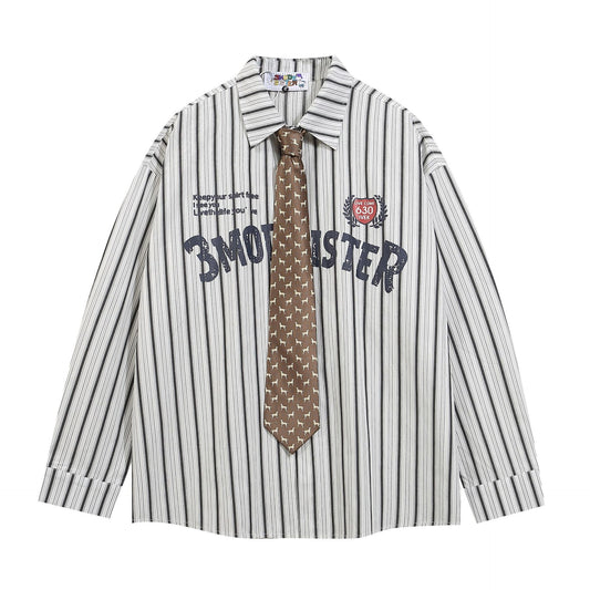 Tie Striped Long Sleeve Shirt 2024 Autumn New Loose Bf American Academy Style Couple Top