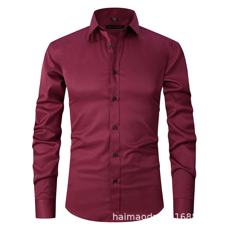 Amazon Four-sided Elastic Thin Men's Top Long Sleeve Men's Fashion Handsome Shirt Men's Solid Color Slim Shirt