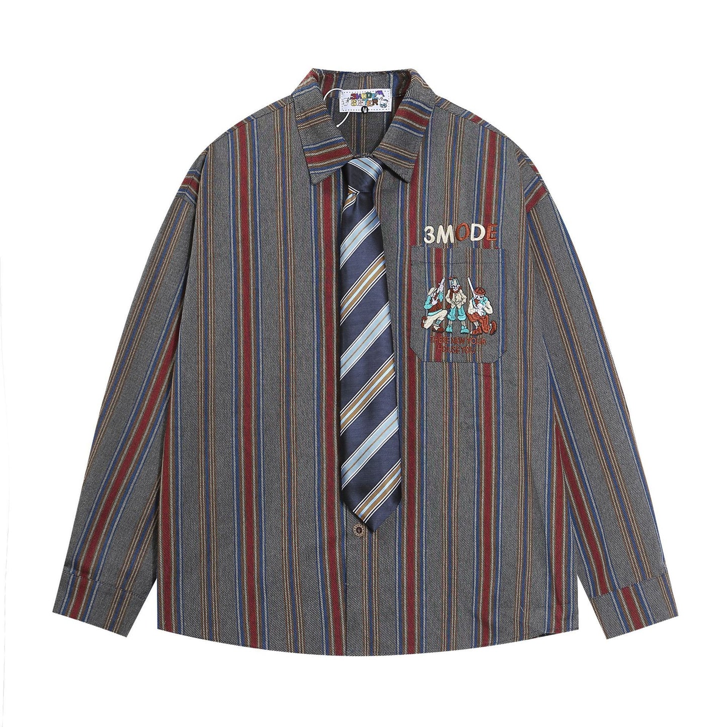 American Style Vintage Vintage Figure Embroidered Tie Vertical Stripe Long Sleeve Shirt Men's Trendy Brand Shirt