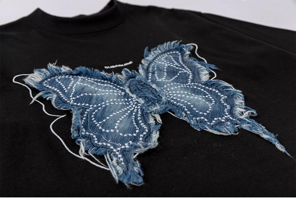 Streetwear T Shirts Oversize Butterfly Embroidery Loose Short Sleeve Cotton Tee Casual O Neck Summer Simple Design