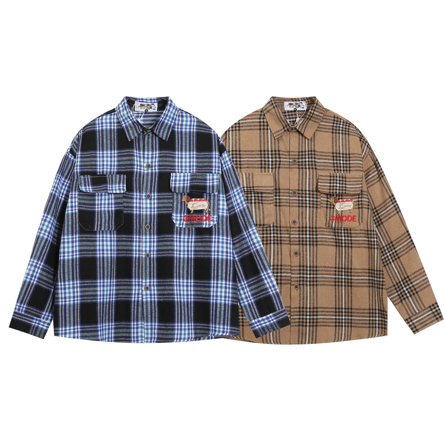 Japanese Style Vintage Plaid Dachshund Dog Embroidered Long-sleeved Shirt Autumn Loose Men's And Women's All-match Trendy Shirt