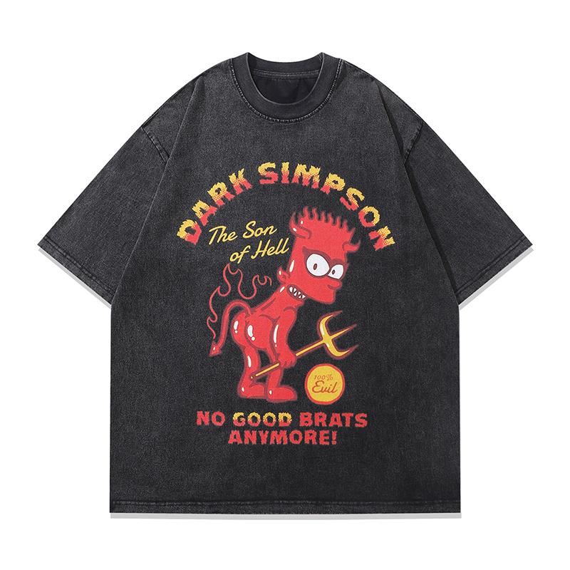 Streetwear T Shirts Vintage Cotton Washed Loose Cartoon Devil Graphic Print Tee Short Sleeve Casual O Neck Summer Trendy