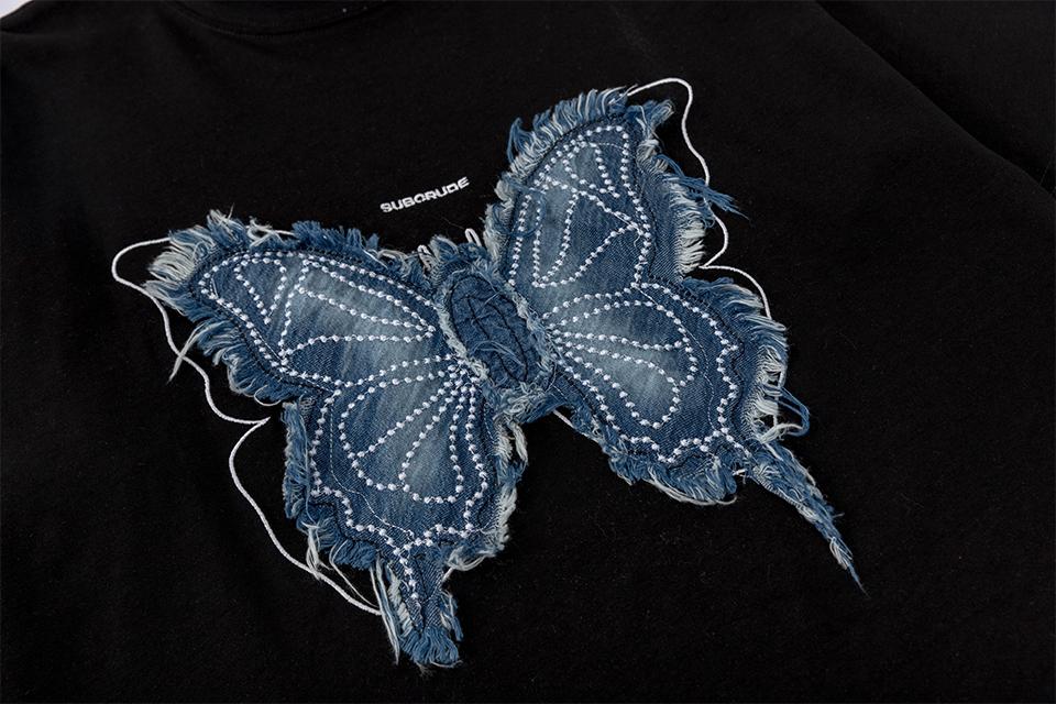 Streetwear T Shirts Oversize Butterfly Embroidery Loose Short Sleeve Cotton Tee Casual O Neck Summer Simple Design