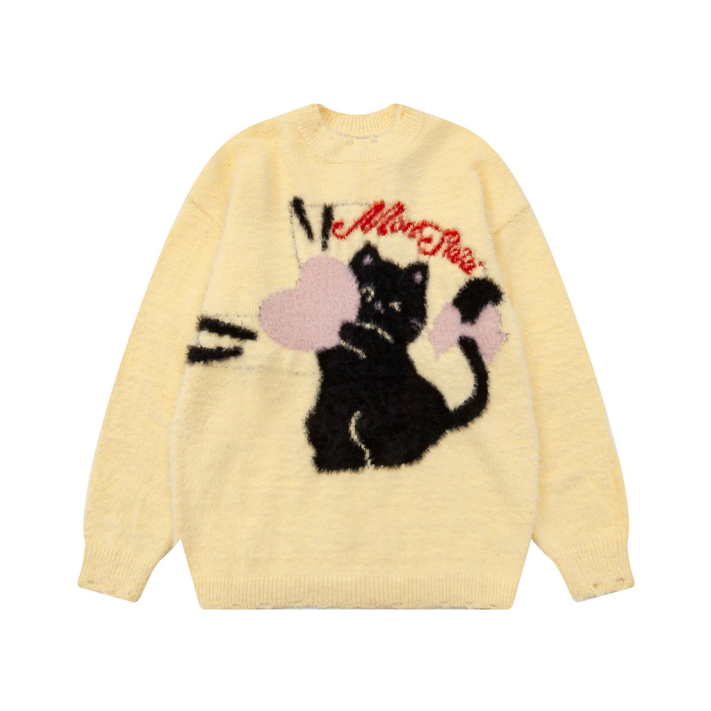 American Style Retro Cartoon Cat Jacquard Sweater Crewneck Oversize Soft Casual Knit Sweater