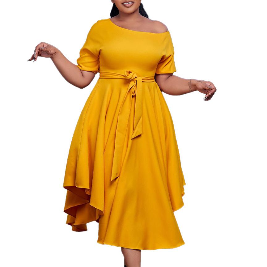 AB10ATE D374 European And American Plus Size Women's Wear 2023 Summer Amazon Cross-border Temperament Oblique Shoulder Strap Large Skirt Foreign Trade Dress