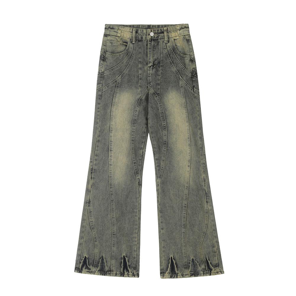 Trendy Micro-flared Pants Men's Wash-up Old Denim Wide-leg Pants Deconstructed Stitching Design Sense Pants