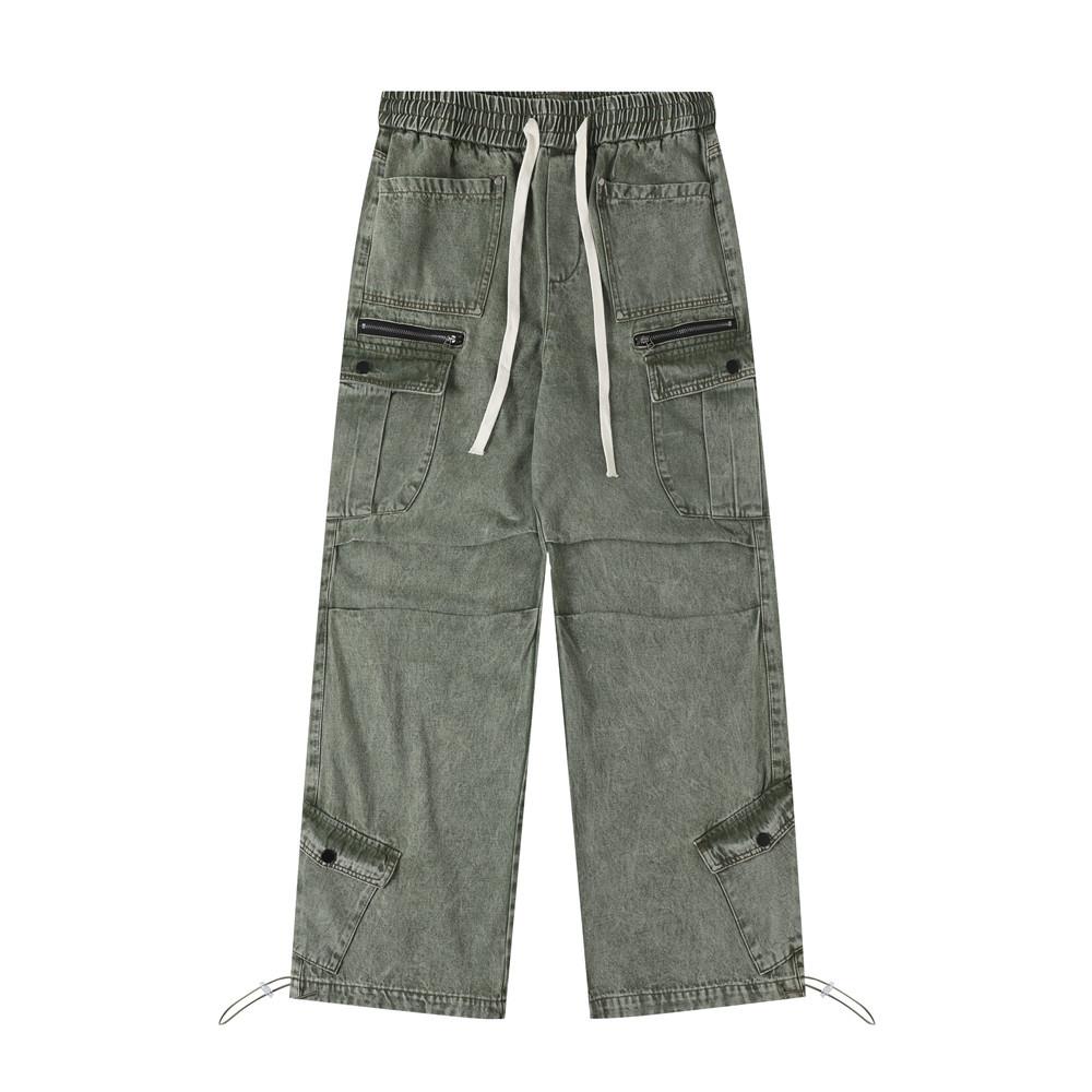 Wide-Leg Tooling Jeans Men's Trendy Brand High Street Multi-Pocket Washed Leg Drawstring Wide-Leg Pants