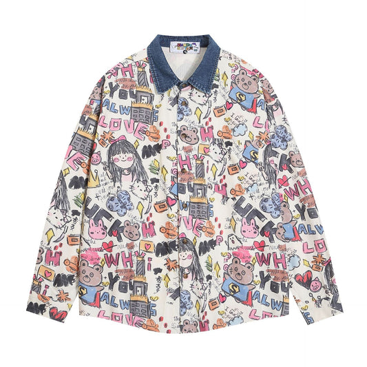 Vintage Academy Style Full Print Graffiti Print Long Sleeve Shirt For Men And Women Spring And Autumn Loose Casual Jacket Trendy