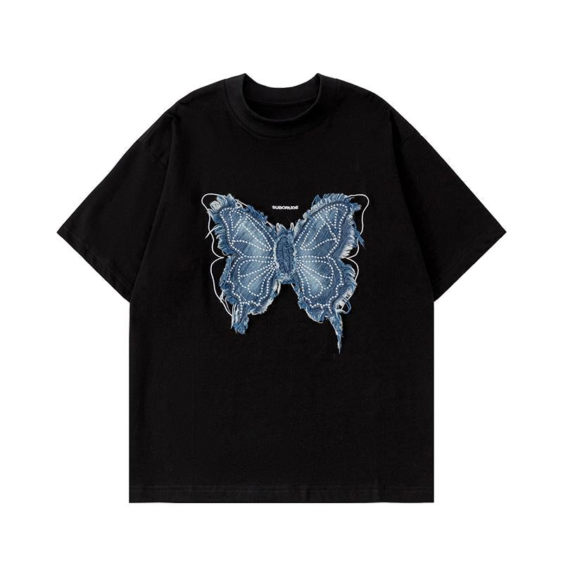 Streetwear T Shirts Oversize Butterfly Embroidery Loose Short Sleeve Cotton Tee Casual O Neck Summer Simple Design