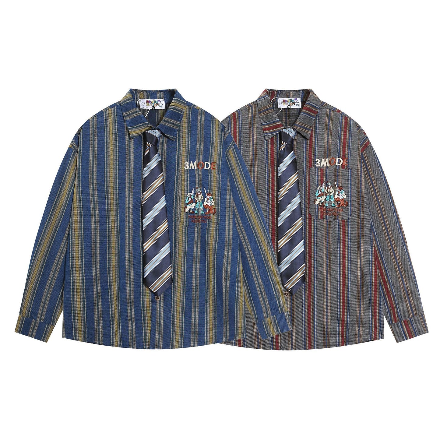 American Style Vintage Vintage Figure Embroidered Tie Vertical Stripe Long Sleeve Shirt Men's Trendy Brand Shirt