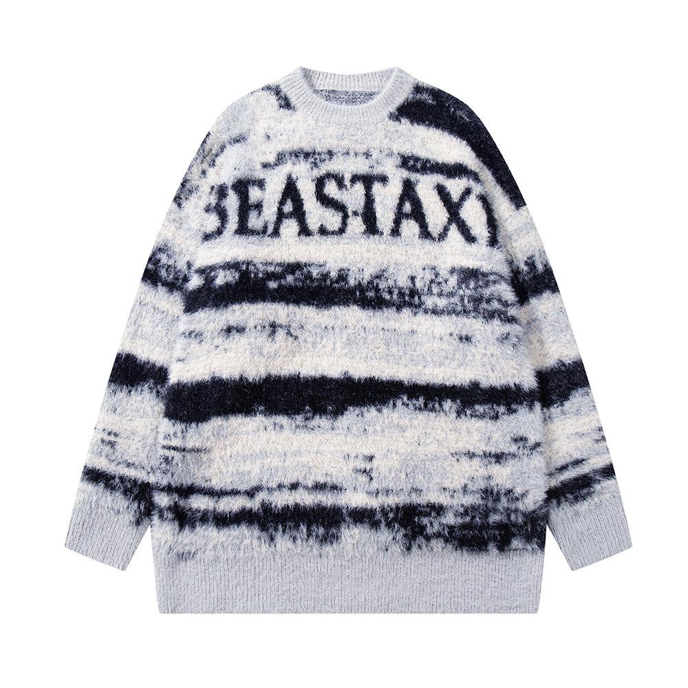 Striped Tie-Dye Letter Fleece-lined Sweater Men's Retro Loose Casual Lazy Autumn And Winter Imitation Mink Sweater Pullover