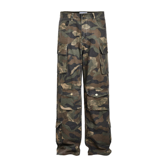 MADEEXTREME Summer Original American Style Maple Leaf Retro Multi-Pocket Overalls Street Loose Camouflage Trousers