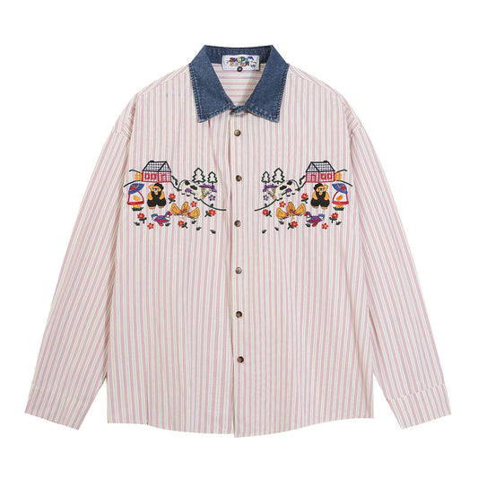 Trendy Brand American Style Bear Embroidered Striped Long-sleeved Shirt Men's And Women's Loose All-match Casual Shirt Jacket